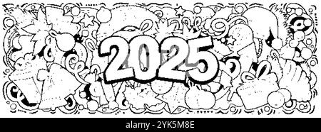 2025 scarabocchi illustrazione orizzontale. Design banner di oggetti ed elementi per il nuovo anno. Creativi cartoni animati per le vacanze invernali. Murale vettoriale colorato Illustrazione Vettoriale