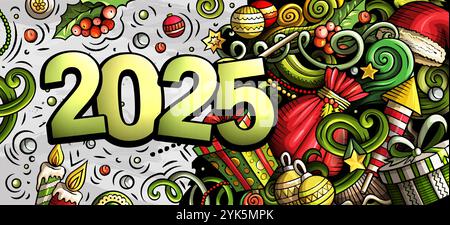 2025 scarabocchi illustrazione orizzontale. Design banner di oggetti ed elementi per il nuovo anno. Creativi cartoni animati per le vacanze invernali. Murale vettoriale colorato Illustrazione Vettoriale