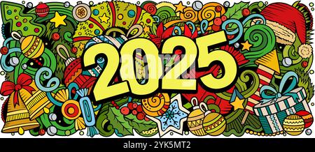 2025 scarabocchi illustrazione orizzontale. Design banner di oggetti ed elementi per il nuovo anno. Creativi cartoni animati per le vacanze invernali. Murale vettoriale colorato Illustrazione Vettoriale