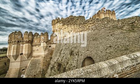 Castello di Coca, stile gotico mudejar del XV secolo, muratura mudejar spagnola, villaggio di Coca, Segovia, Castilla y Leon, Spagna, Europa Foto Stock