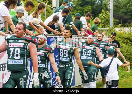 German Football League, partita: Schwaebisch Hall Unicorns, Kirchdorf Wildcats nell'Optima Sportpark di Schwaebisch Hall Germania su 27. Luglio. 2024 Foto Stock