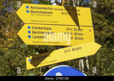 Cartelli gialli per i sentieri escursionistici nei pressi di Maria Gern in autunno, Berchtesgarden Alps, Berchtesgaden, Berchtesgadener Land, alta Baviera, Baviera, tedesco Foto Stock