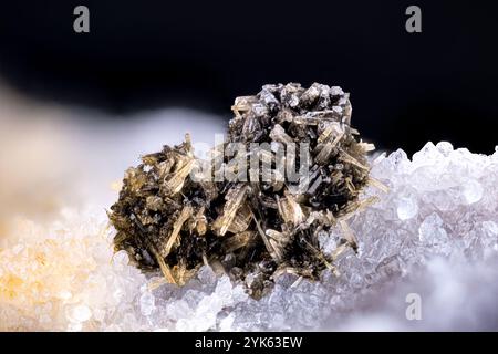 Mimetite gialla su cerussite scura su quarzo trasparente. Esemplare di Mas Dieu, Laval-Pradel, Francia. Micro Photography primi piani estremi. microscopio minera Foto Stock