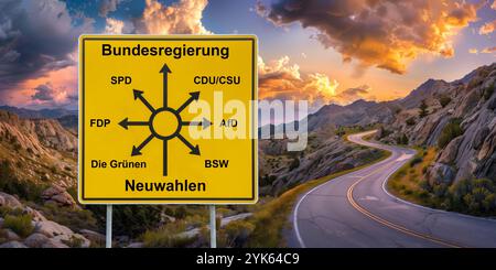 Neuwahlen mit den politischen Parteien zur Bundesregierung Ein Verkehrsschild vor einem KI-Landschaftsbild mit Wegweisern zeigt den Weg von Neuwahlen Foto Stock