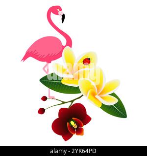 fenicottero rosa con frangipani (Plumeria) con fiore di orchidea e una coccinella su sfondo bianco. Illustrazione Vettoriale