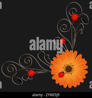 Angolo con fiore di calendula un coccinello rosso su sfondo nero. Illustrazione Vettoriale