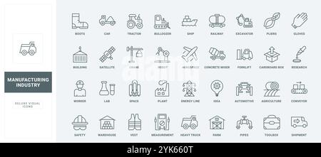 Produzione e costruzione, trasporto spaziale e produzione di energia, impianto automatizzato con robot simboli sottili di contorno neri illustrazione vettoriale. Set di icone delle linee di settore e agricoltura. Illustrazione Vettoriale