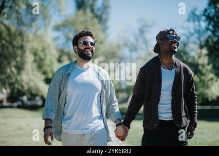 Felice coppia gay che si tiene per mano durante una giornata di sole nel parco, mostrando amore e felicità Foto Stock