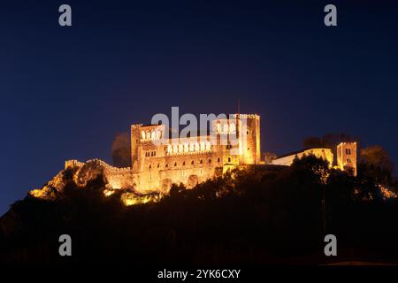Leiria, Portogallo - 19 dicembre 2023: Castello di Leiria in Portogallo visto al crepuscolo decorato con luci di Natale. Foto Stock
