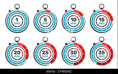 Icone del timer rotonde. Segnali orologio analogici. 1 o 5 minuti. cronometro da 10, 15 e 20 secondi. Misurazione rapida. Emblemi del conteggio del tempo. Quadrante del cronometro. Tempo Illustrazione Vettoriale