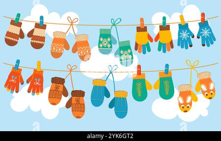 I guanti caldi sono appesi alla corda. I guanti in maglia si asciugano. Abiti morbidi invernali. Woolen ha modellato le cose. Accessori riscaldanti. Indumenti appesi al coagulo Illustrazione Vettoriale