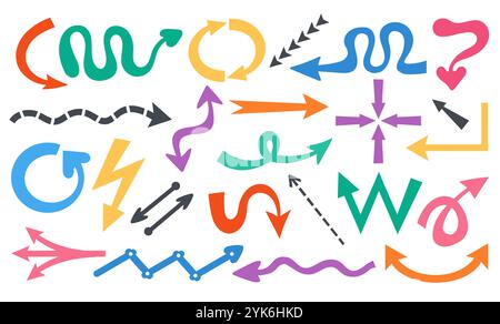 Frecce divertenti. Puntatori di forme stravaganti. Cursori vivaci e divertenti. Direzione attorcigliata. Linee curve ondulate e tratteggiate. Elementi colorati disegnati a mano. Navigazione SER Illustrazione Vettoriale