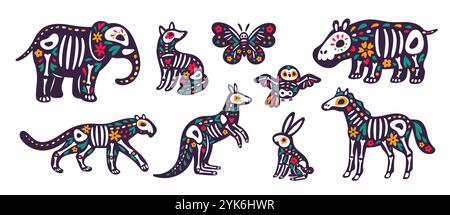 Dia de los muertos Animals. Giorno messicano dei morti. Teschi e ossa con fiori decorativi. Personaggi della fauna. Scheletri di elefante e tigre. Teschio di zucchero Illustrazione Vettoriale