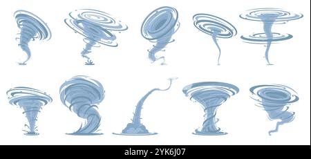 Tornado dei cartoni animati. Effetti dei venti tortuosi. Disastri naturali. Anomalie meteorologiche. Cicloni a spirale. Uragano pericoloso. Tempesta con imbuti. Aggressivo vor Illustrazione Vettoriale