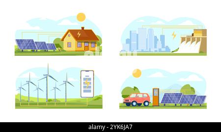 Scenari di fonti di energia alternative. Generazione di energia solare, eolica, idrica. Tecnologie ecocompatibili. Produzione di energia elettrica rinnovabile e sostenibile Illustrazione Vettoriale
