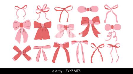 Set di bows coquette. collezione di nastri vettoriali rosa e rosso. Delicati e romantici elementi di bellezza. Illustrazione isolata su sfondo bianco. Illustrazione Vettoriale