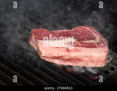 Primo piano con bistecche di manzo al ribeye per fumatori, grigliate all'aperto con griglia in ghisa e vista ad alta angolazione Foto Stock