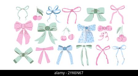 Set di coquette di prua. Verde pastello, blu e rosa ciliegie e nodi. Collezione di nastri vettoriali. Illustrazione isolata su sfondo bianco. Illustrazione Vettoriale