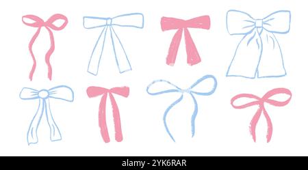 Arco pastello. Coquette Ribbons Collection per decorazioni regalo. Set di nodi blu e rosa. Illustrazione del pacchetto vettoriale isolata su sfondo bianco. Illustrazione Vettoriale