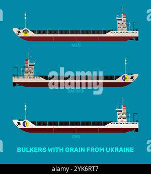 Set di illustrazioni di portarinfuse ucraine con cereali, mais, girasole, grano su sfondo blu. Le navi portarinfuse recano una bandiera giallo-blu. Illustrazione Vettoriale