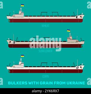 Set di illustrazioni di portarinfuse ucraine con cereali, mais, girasole, grano su sfondo blu. Le navi portarinfuse recano una bandiera giallo-blu. Illustrazione Vettoriale
