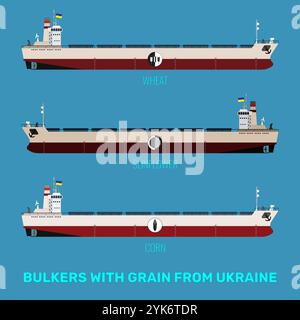 Set di illustrazioni di portarinfuse ucraine con cereali, mais, girasole, grano su sfondo blu. Le navi portarinfuse recano una bandiera giallo-blu. Illustrazione Vettoriale