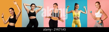 Donne che si allenano con i manubri in colorato abbigliamento fitness al chiuso Foto Stock