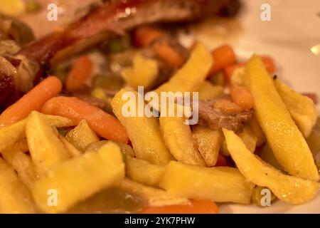 Primo piano di un piatto di agnello guarnito con patate dorate, carote e verdure verdi, splendidamente placcate per cene gourmet. Foto Stock