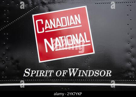 Insegna Spirit of Windsor Canadian National sul treno al Windsor Sculpture Garden Park a Windsor, Ontario, Canada Foto Stock