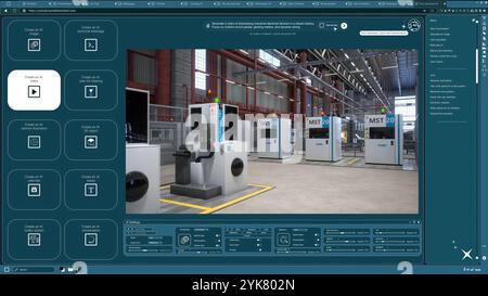 Software modello generativo che produce video ai di apparecchiature elettriche industriali a partire dal testo. Interfaccia utente dell'app di intelligenza artificiale che mostra la necessità di creare attrezzature per macchinari nella clip di fabbrica Foto Stock