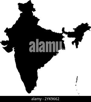 Una mappa dei contorni dell'India. Illustrazione grafica vettoriale su uno sfondo trasparente con bordi neri del paese Illustrazione Vettoriale