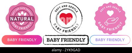Prodotto delicato per i bambini sicuro alimenti morbidi delicati vestiti garanzia della pelle timbro della confezione testato badge colorato emblema etichetta design icona collezione Illustrazione Vettoriale