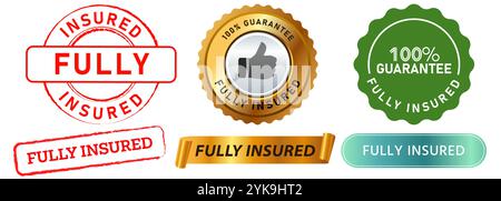 Garanzia assicurativa completa garantita garanzia legale affidabile al 100% timbro di copertura dei rischi finanziari distintivi colorati etichetta con emblema etichetta con nastro icona del design del banner Illustrazione Vettoriale