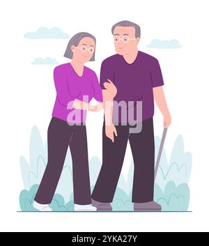 Coppie di anziani felici e attivi che passeggiano nel parco pubblico per una rilassante illustrazione del concetto di stile di vita all'aperto Illustrazione Vettoriale