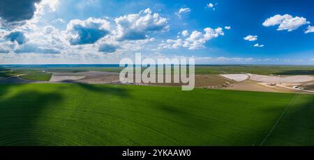 Vista panoramica aerea dall'alto di un campo di sesamo della raccolta del cotone delle Ernie Schirmer Farms, con famiglia, colleghi agricoltori e lavoratori che si uniscono per i lunghi giorni di lavoro, a Batesville, Texas, il 23 agosto 2020. Dalle 10:00 alle 22:00, le raccoglitrici sono guidate attraverso i campi circolari (pivot irrigati). Le raccoglitrici utilizzano teste di raccolta specializzate che ruotano e tirano il morbido bolo di cotone dalla pianta; quindi le bolle di cotone vengono aspirate in un grande contenitore aperto. Quando il serbatoio è pieno, gli operatori tornano nell'area industriale mobile per scaricare il cotone negli "sgabelli" (costruttori di moduli). St Foto Stock