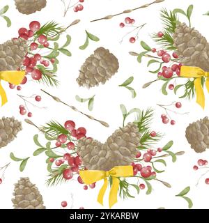 Natale senza cuciture con coni di Fir, rami di Mistletoe, bacche rosse, rami di abete rosso, bocce gialle, illustrazione digitale acquerello per la stampa Foto Stock