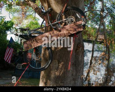 Due vecchi pneumatici in gomma per bicicletta fissati al lato di un albero. Rusty Sign dice la bicicletta di Thief. Vecchia casa sul retro e bandiera americana. Erba verde Foto Stock