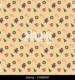 Pan di zenzero, ghirlande e alberi di Natale su sfondo giallo. Illustrazioni vettoriali. Illustrazione Vettoriale