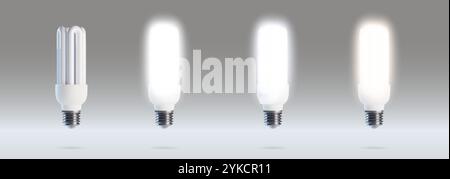 Lampade fluorescenti compatte isolate sullo sfondo. Illustrazione vettoriale realistica dell'accensione e dello spegnimento della luce cfl con ombre, apparecchiature di illuminazione a risparmio energetico per la casa o l'ufficio, tecnologia moderna Illustrazione Vettoriale