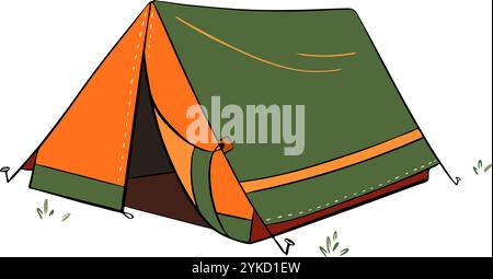 Una luminosa e vivace tenda da campeggio è stata allestita nei grandi spazi naturali. Illustrazione dello schizzo vettoriale. Turismo Illustrazione Vettoriale