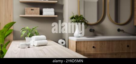 Un primo piano di uno spazio su un tavolo da bagno in legno minimalista è dotato di cuffie, asciugamani e piante decorative in un bagno moderno ed elegante. rendering 3d, Foto Stock