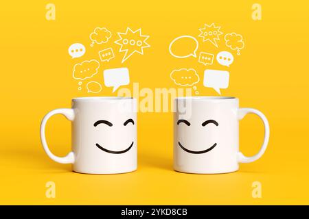 Due tazze con volti sorridenti si scambiano discorsi e bolle di pensiero, suggerendo una conversazione allegra o una sessione di brainstorming. Rendering 3D. Foto Stock