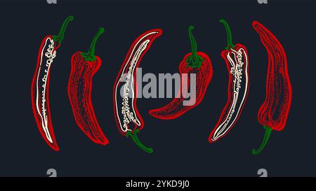 Set di vettori di schizzo pepe peperoncino. Piccante. Simbolo di verdure inciso isolato su sfondo nero. Cibo vegetariano, paprika rossa Illustrazione Vettoriale