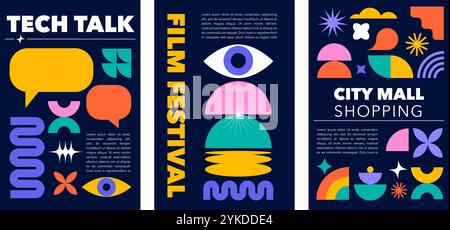 Collezione di schede geometriche astratte brutaliste, banner verticali, modelli, storie. Forme geometriche primitive moderne, minimaliste e contemporanee Illustrazione Vettoriale