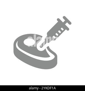 Carne modificata, conservanti o vettore di antibiotici. Bistecca e siringa, icona ormoni iniettabili. Illustrazione Vettoriale