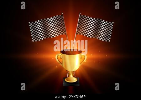 Vincitore del trofeo dorato con racing flags sfondo Illustrazione Vettoriale