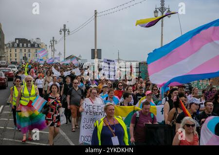 Brighton, Regno Unito 20 luglio 2019. Centinaia di persone marciarono lungo il lungomare fino a Brunswick Square, per il 7° annuale Brighton Trans Pride. I festeggiamenti si sono svolti dopo la marcia Foto Stock