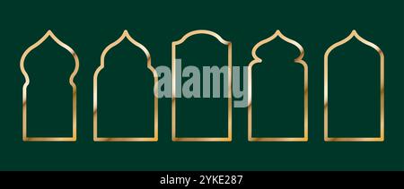 Set di finestre islamiche Shape (forma). Cornici musulmane dorate isolate su sfondo scuro. Collezione di archi in stile orientale. Illustrazione del vettore piatto Illustrazione Vettoriale