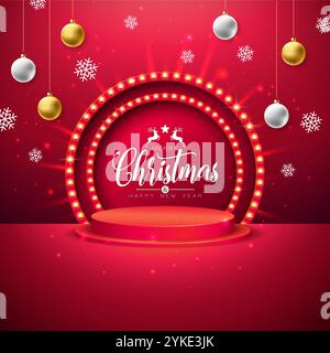 Buon Natale e felice anno nuovo illustrazione con lettere tipografiche luminose al neon su sfondo nero. Design banner vettoriale per le festività natalizie Illustrazione Vettoriale