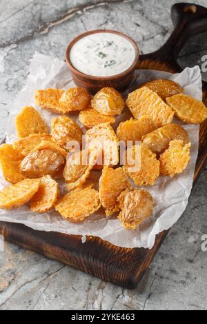 Patate croccanti al parmigiano arrosto servite con salsa di panna acida da da vicino sulla tavola di legno sul tavolo. Verticale Foto Stock